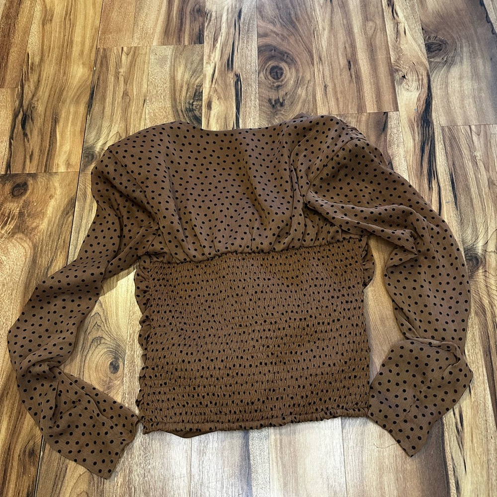 Express Polka Dot Ruched Blouse Womens S Brown Shoulder Pad Puff Sleeve Top - Picture 4 of 8